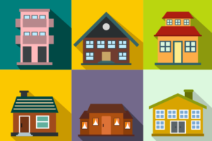 A collage of different styles of houses and apartments