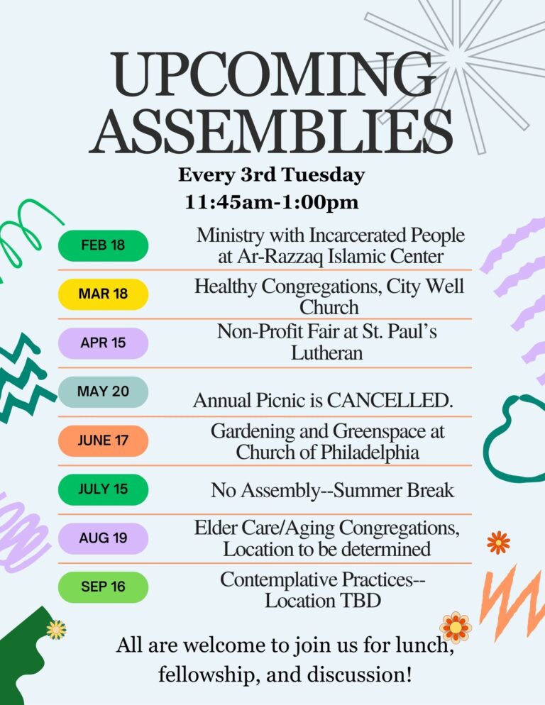 List of upcoming assemblies. The next ones are June 17, August 19 at 11:45am.