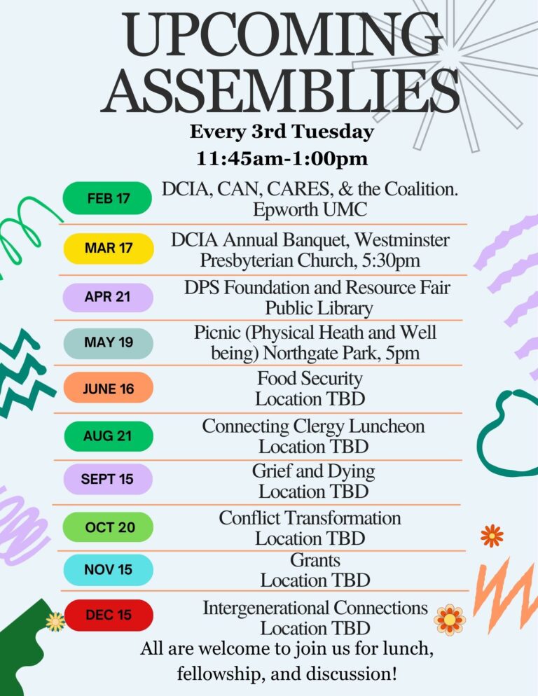 a list of upcoming assemblies. Almost all assemblies are on 3rd Tuesdays at 11:45am.